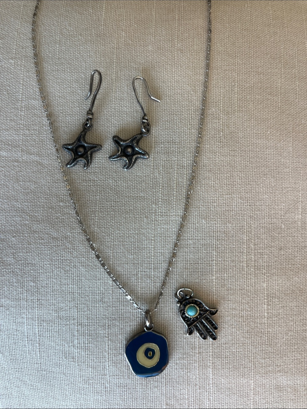 Sterling silver Blue Evil Eye Pendant Necklace with Starfish Earrings